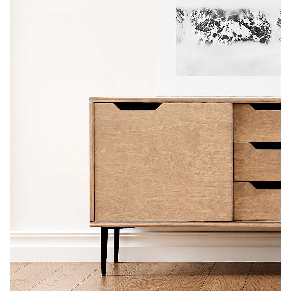 Sideboard – Oak Veneer, Pebble Gray Finish, Soft-Close Drawers, Adjustable Metal Legs – Noble | Radis