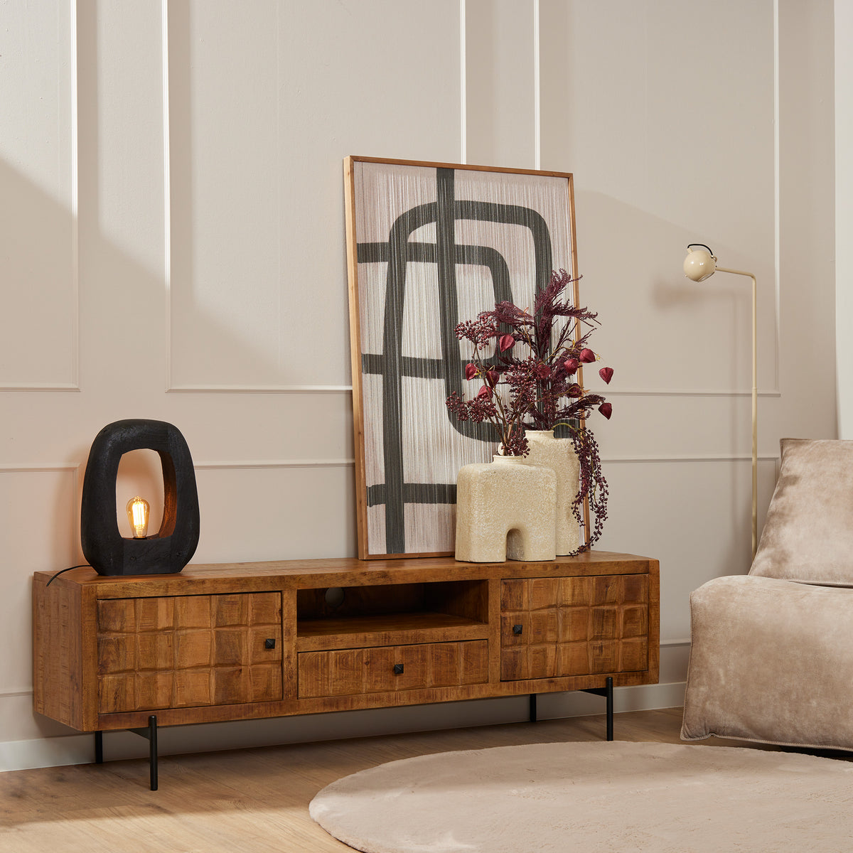 Mango Wood TV Lowboard with Block Pattern Front, Wood Inlays and Metal Base – Brandy | Starfurn