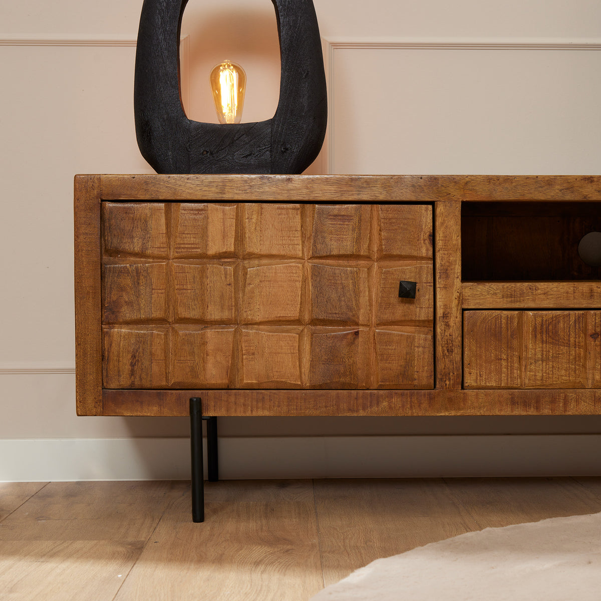 Mango Wood TV Lowboard with Block Pattern Front, Wood Inlays and Metal Base – Brandy | Starfurn