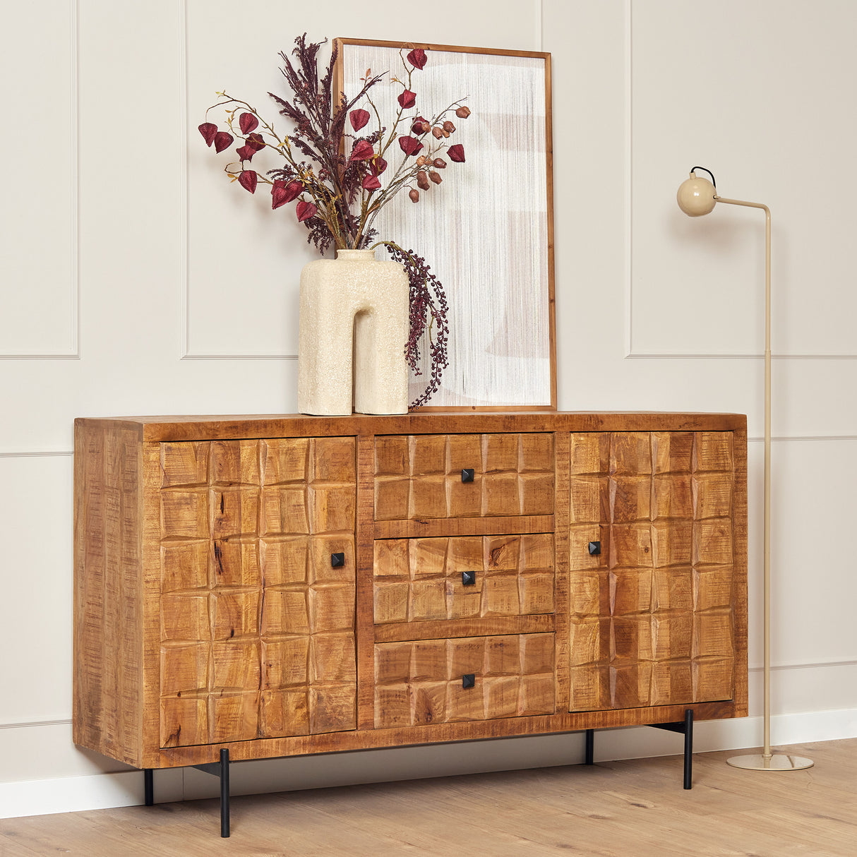 Sideboard - Mangoholz Gestreift, Blockmuster Design, Metallbeine, 160 cm – Brandy | Starfurn