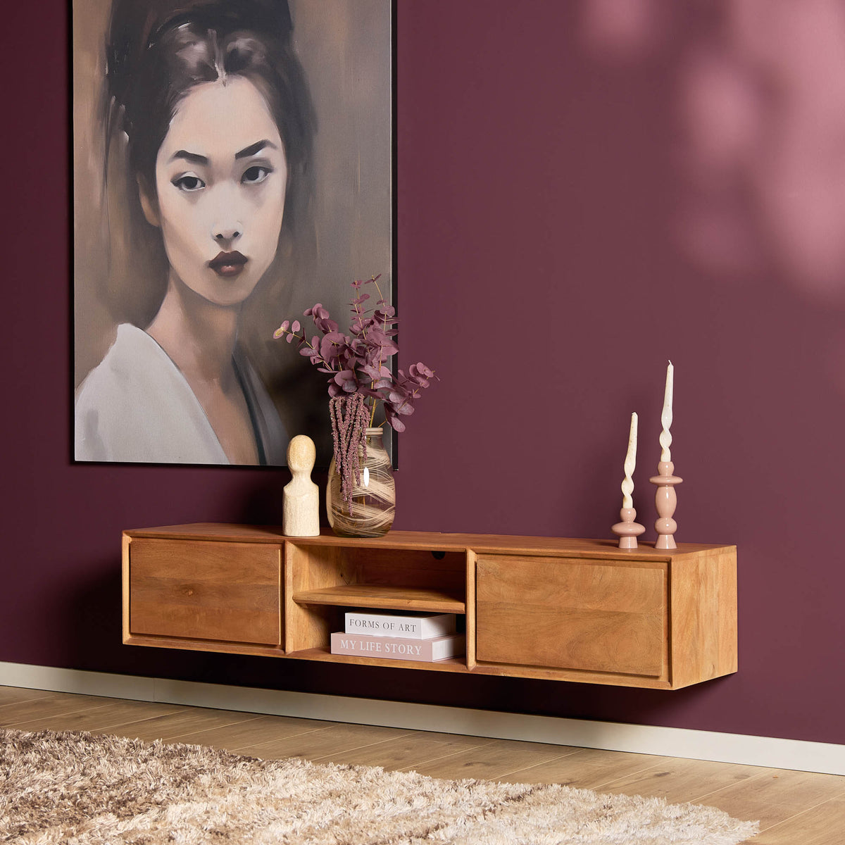 Floating TV Unit - Mango Wood, Handleless, Natural Color - Ambiance | Starfurn
