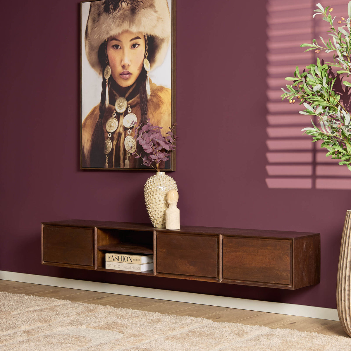 Floating TV Cabinet – Brown Mango Wood, Handleless Drawers, Open Compartments – Ambiance | Starfurn