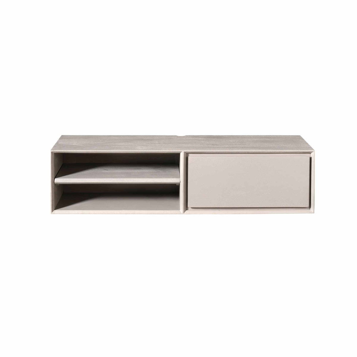 TV Unit – Mango Wood, Taupe, Wall-mounted, 2 Open Compartments, Handleless Drawer – Ambiance | Starfurn
