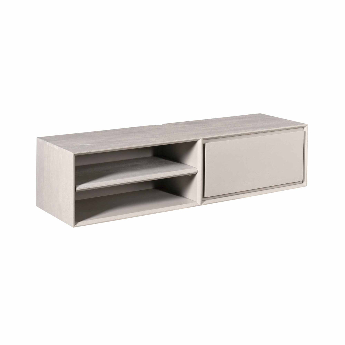 TV Unit – Mango Wood, Taupe, Wall-mounted, 2 Open Compartments, Handleless Drawer – Ambiance | Starfurn