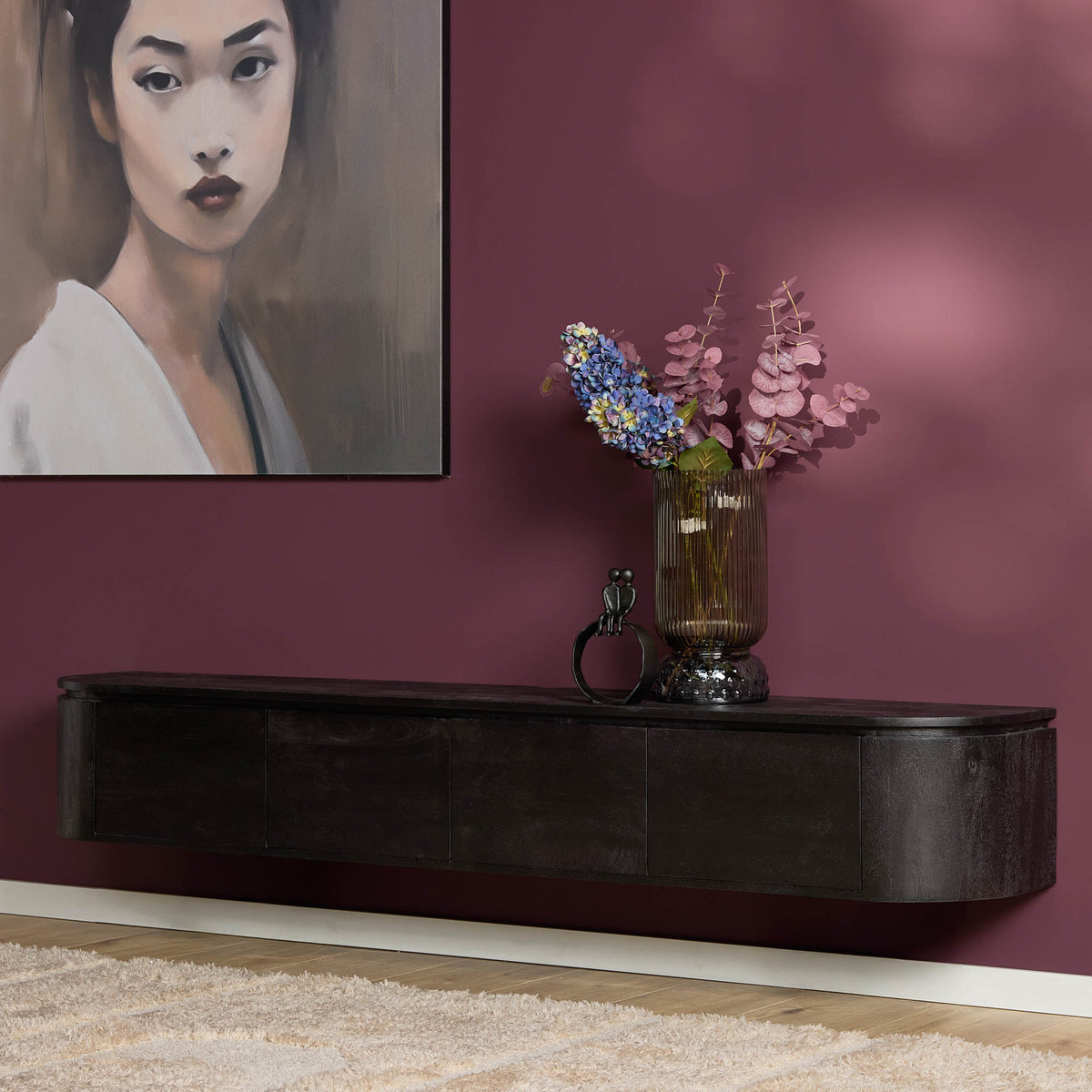 Floating TV Unit – Mango Wood, Black Finish, Four Doors – Excellent | Starfurn