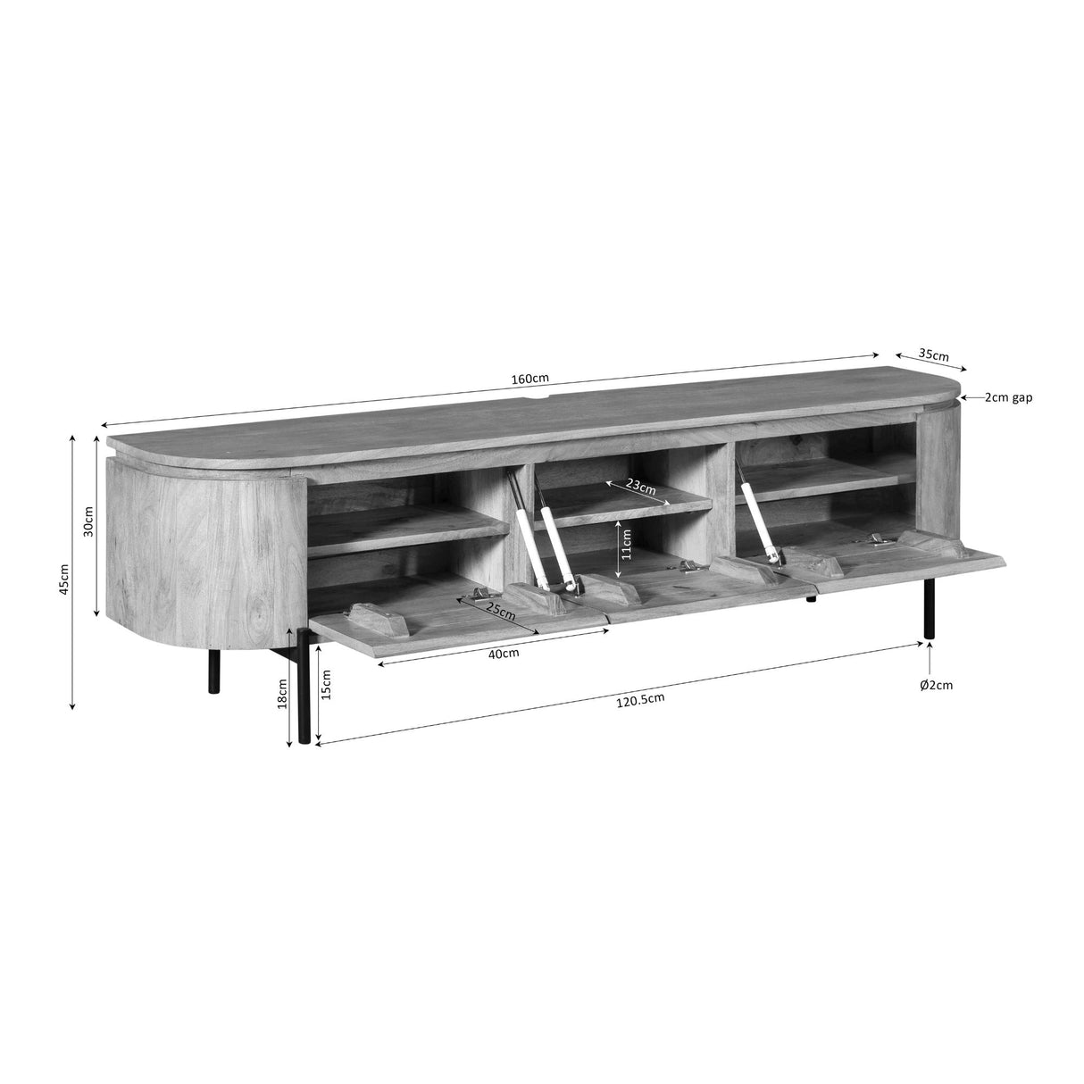 TV-Möbel - Mangoholz Braun, Schwebendes Design, Drei Türen, 160 cm – Excellent | Starfurn