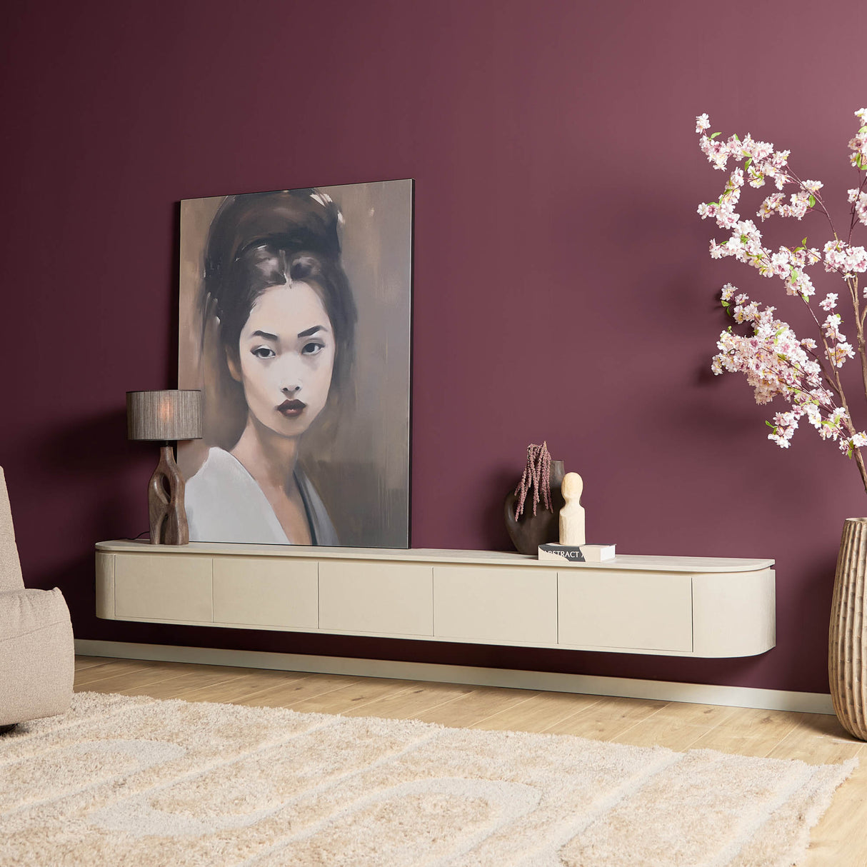 TV-Möbel - Mangoholz Sand, Schwebendes Design, Fünf Türen, 280 cm – Excellent | Starfurn