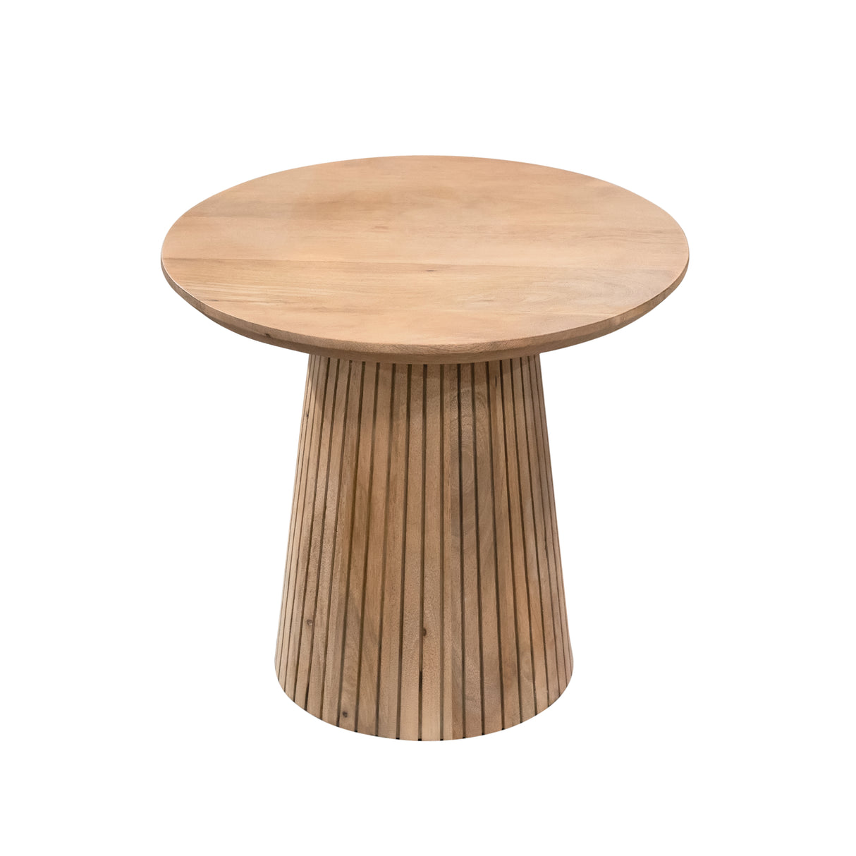 Coffee table – Natural wood look, Round tabletop, Pedestal base with vertical slat pattern – Solana | Starfurn