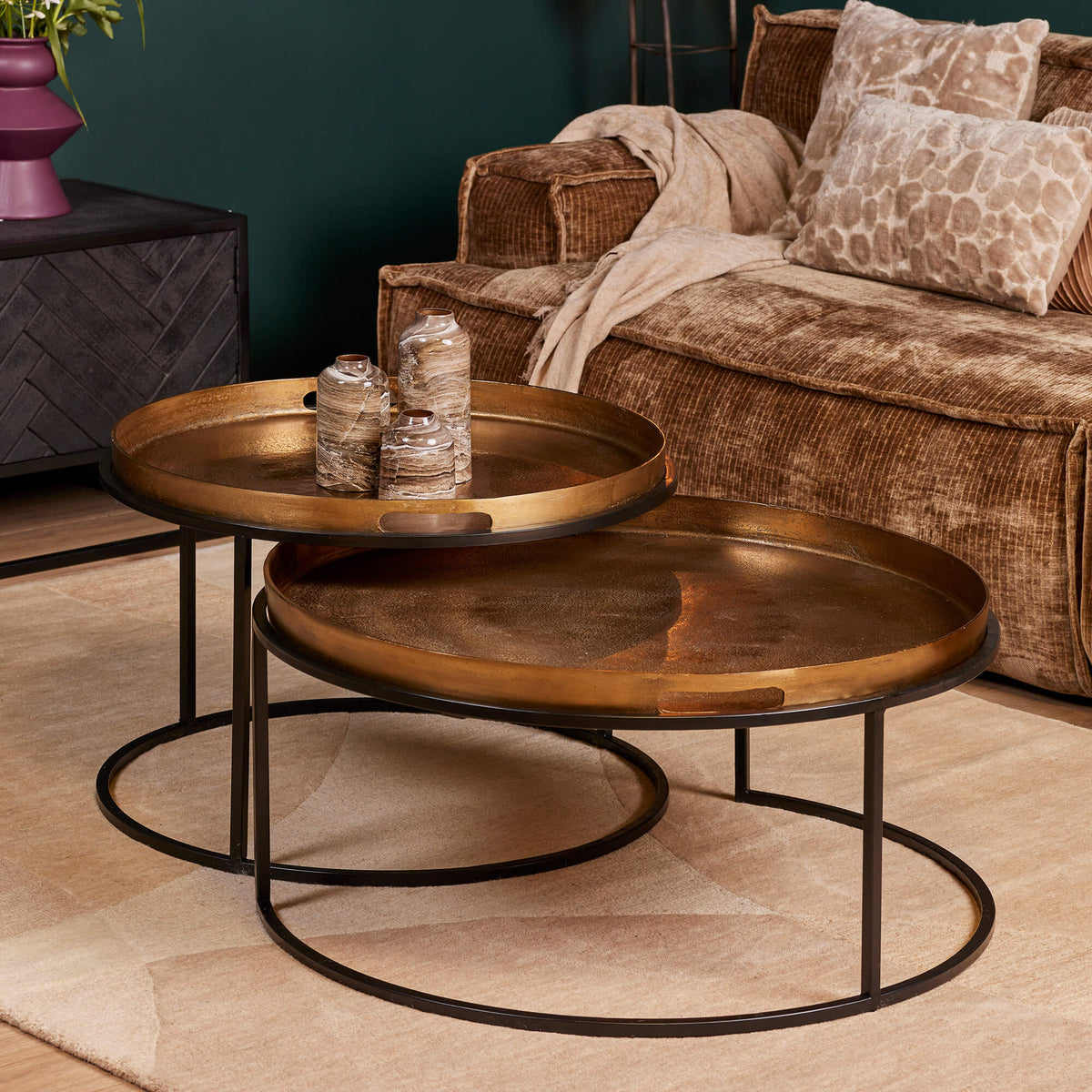 Coffee Table Set – Aluminum, Gold Finish, Black Frame – Puck | Starfurn