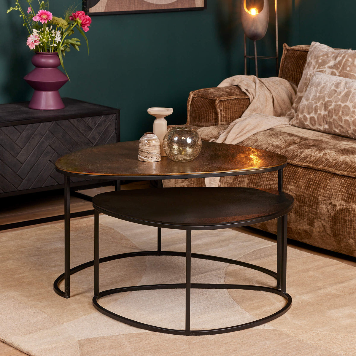 Coffee Table – Aluminum Plates, Gold Finish, Iron Frame – Jarrel | Starfurn