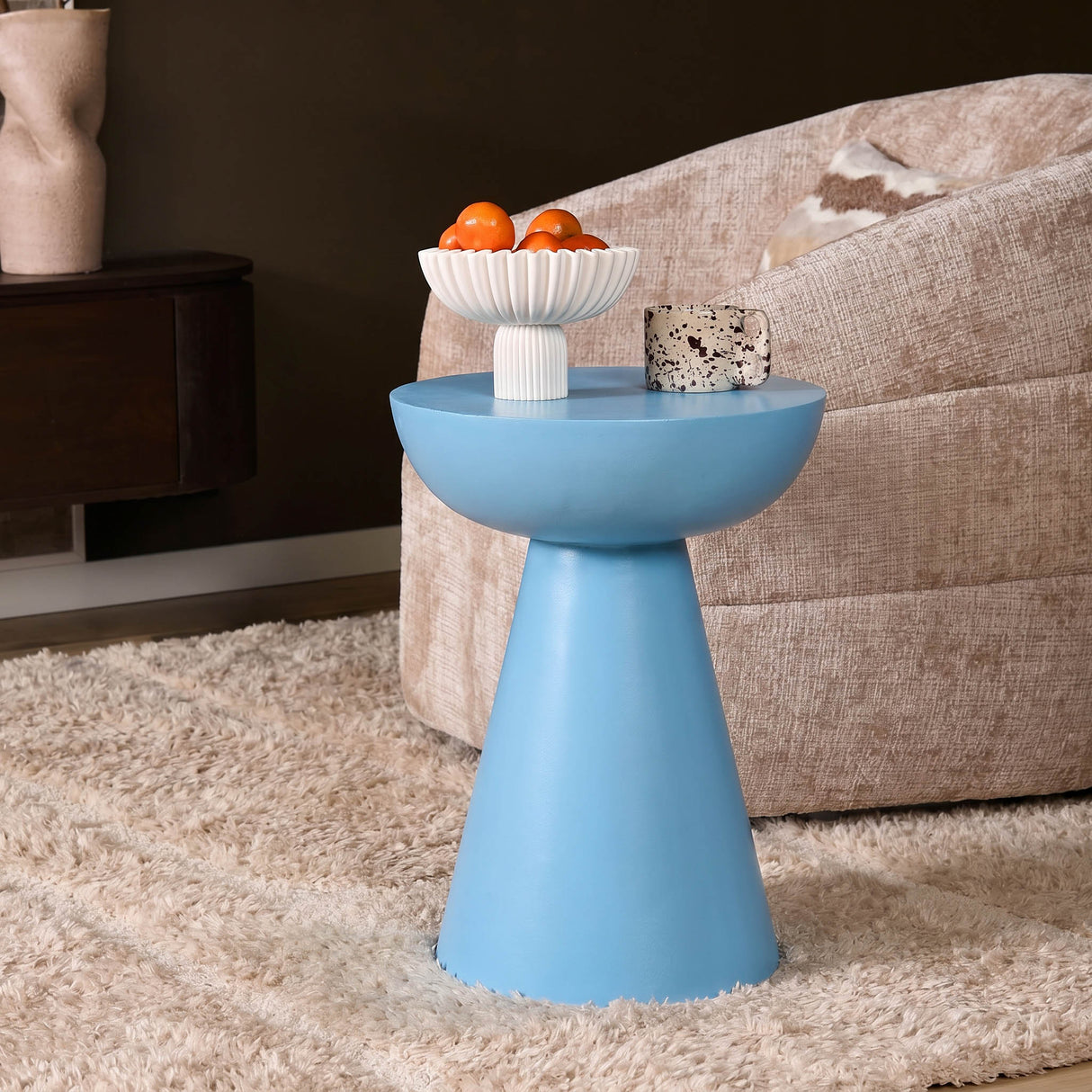 Beistelltisch - Mangoholz Blau, Rund Form, Massiv Holz – Owen | Starfurn