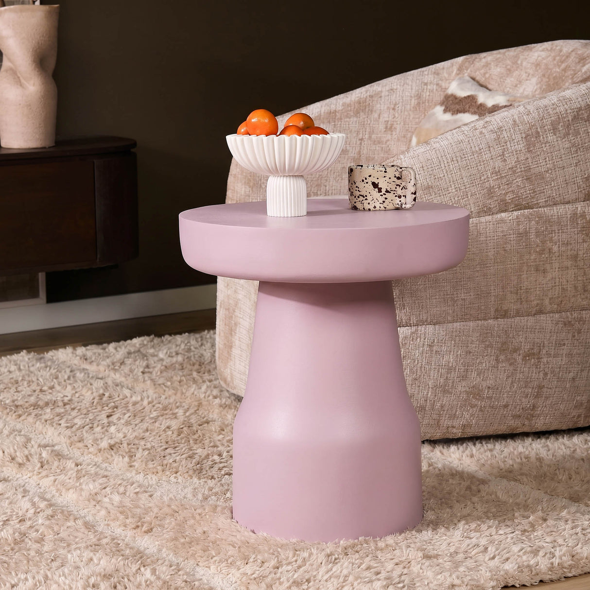 Beistelltisch - Mangoholz Rosa, Runde Form, Trommel Design – Drum | Starfurn