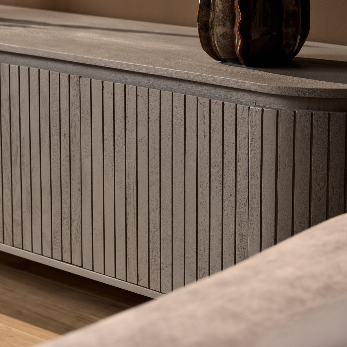 TV Unit – Taupe Finish, Vertical Slats, Three Doors – Solana | Starfurn