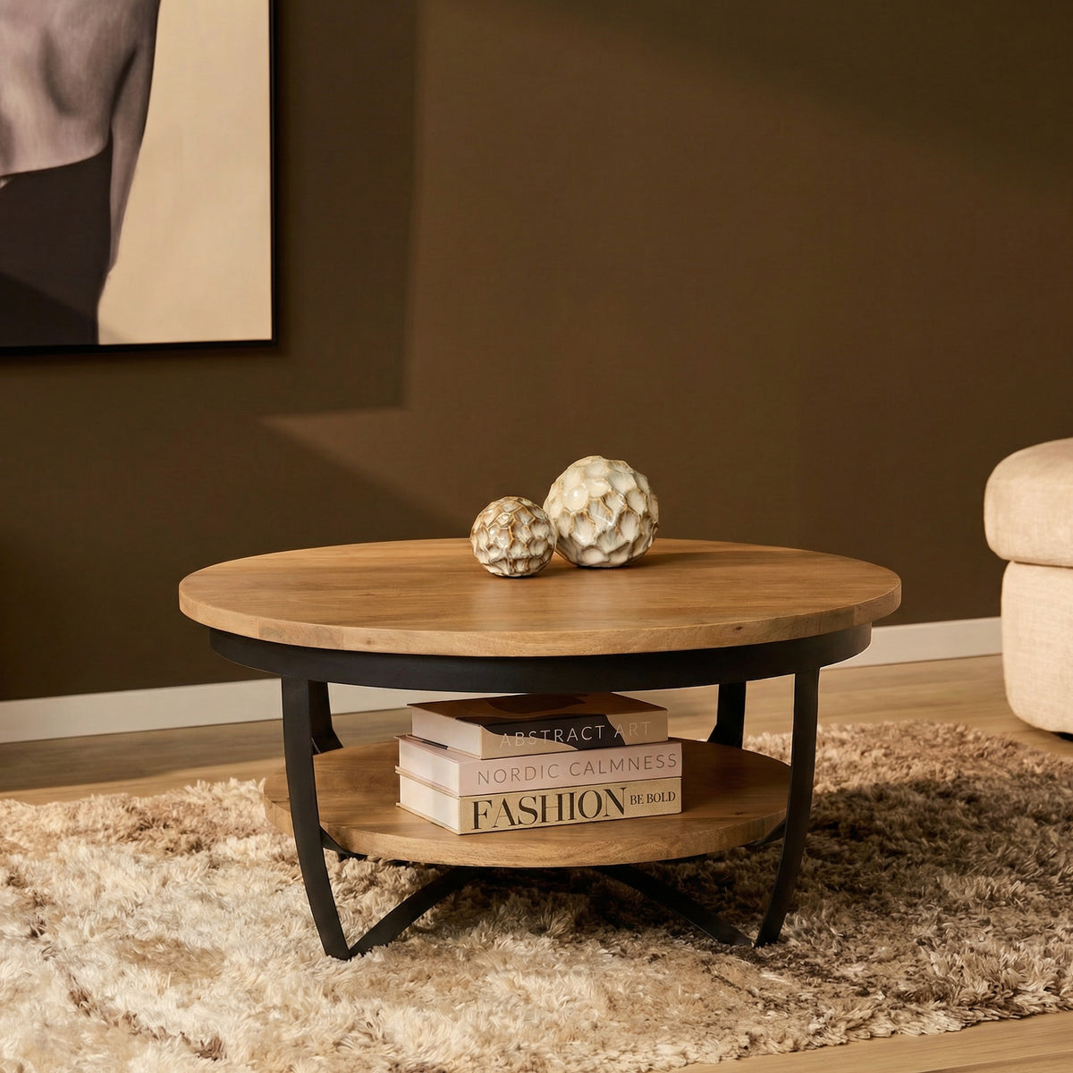 Coffee Table – Mango Wood Material, Black Frame, Two-Tier Design – Paras | Starfurn