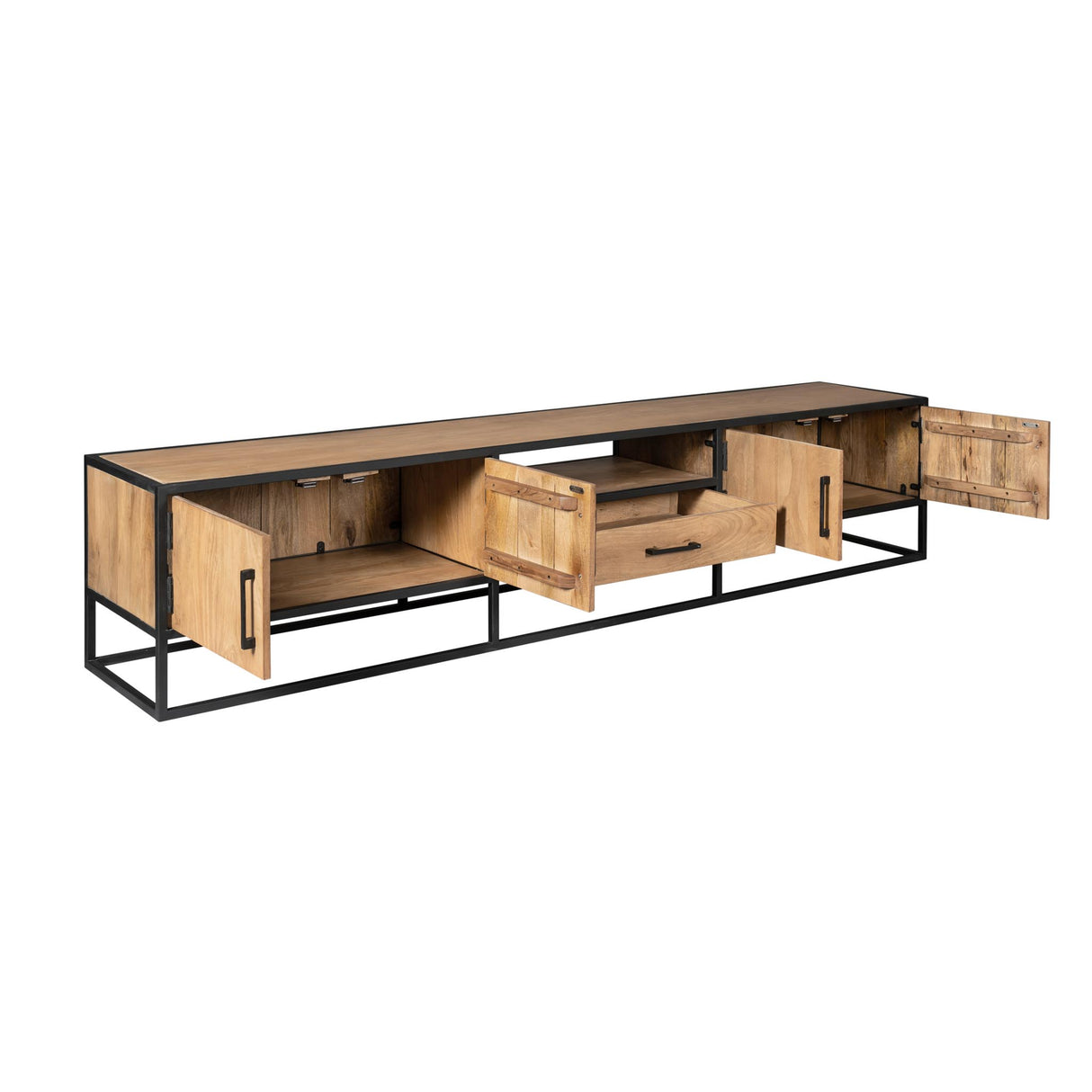 TV Stand – Mango Wood Material, Black Metal Frame, Striped Wood Design – Dakota | Starfurn