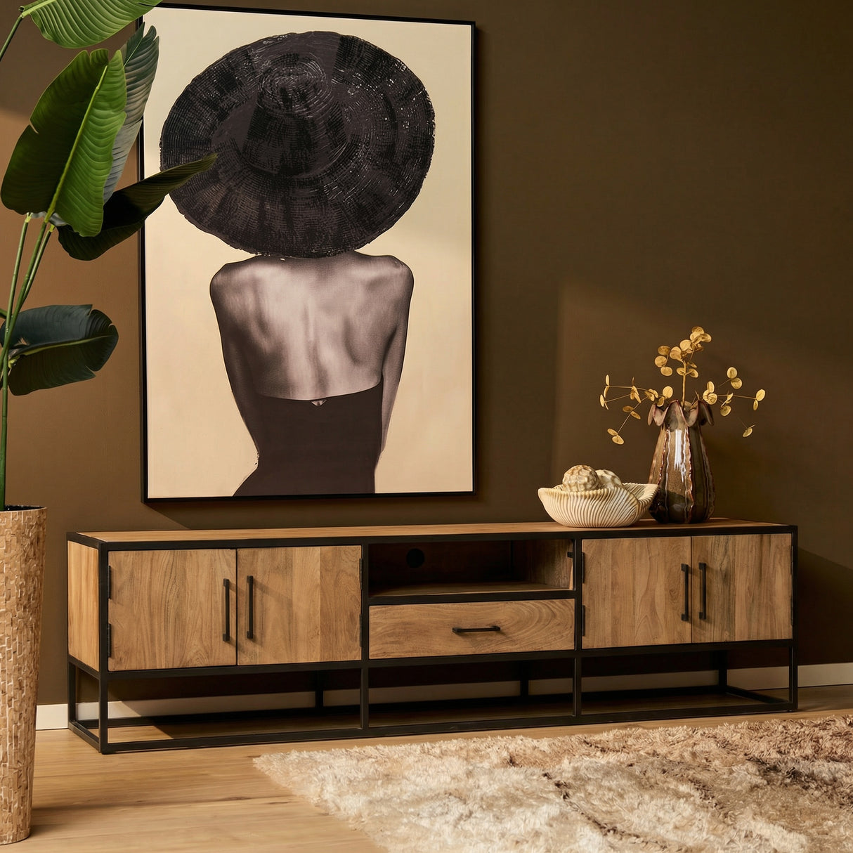 TV Stand – Mango Wood Material, Black Metal Frame, Striped Wood Design – Dakota | Starfurn