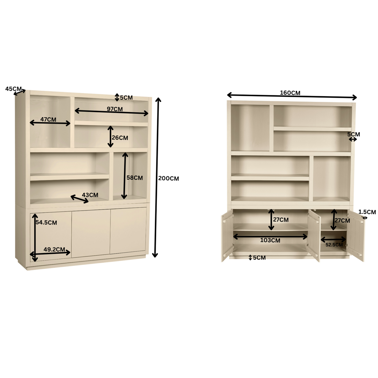 Bücherregal – Mangoholz, Sand-Finish, Offene Regalfächer, Push-to-Open Türen – Brussel | Starfurn