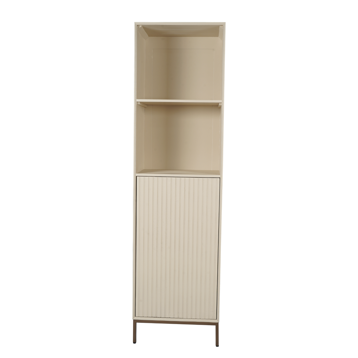 Bücherregal - Sandfarbenes Mangoholz, Vertikale Lamellenfront, Bronzefarbenes Metallgestell, 55 cm – Madison | Starfurn