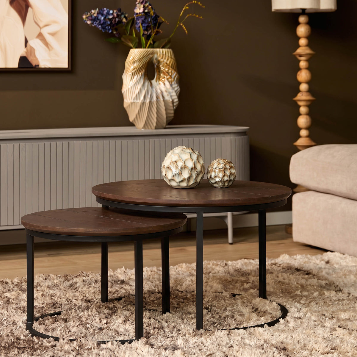 Coffee Table - Oak Top, Walnut Finish, Black Metal - Otik | Starfurn