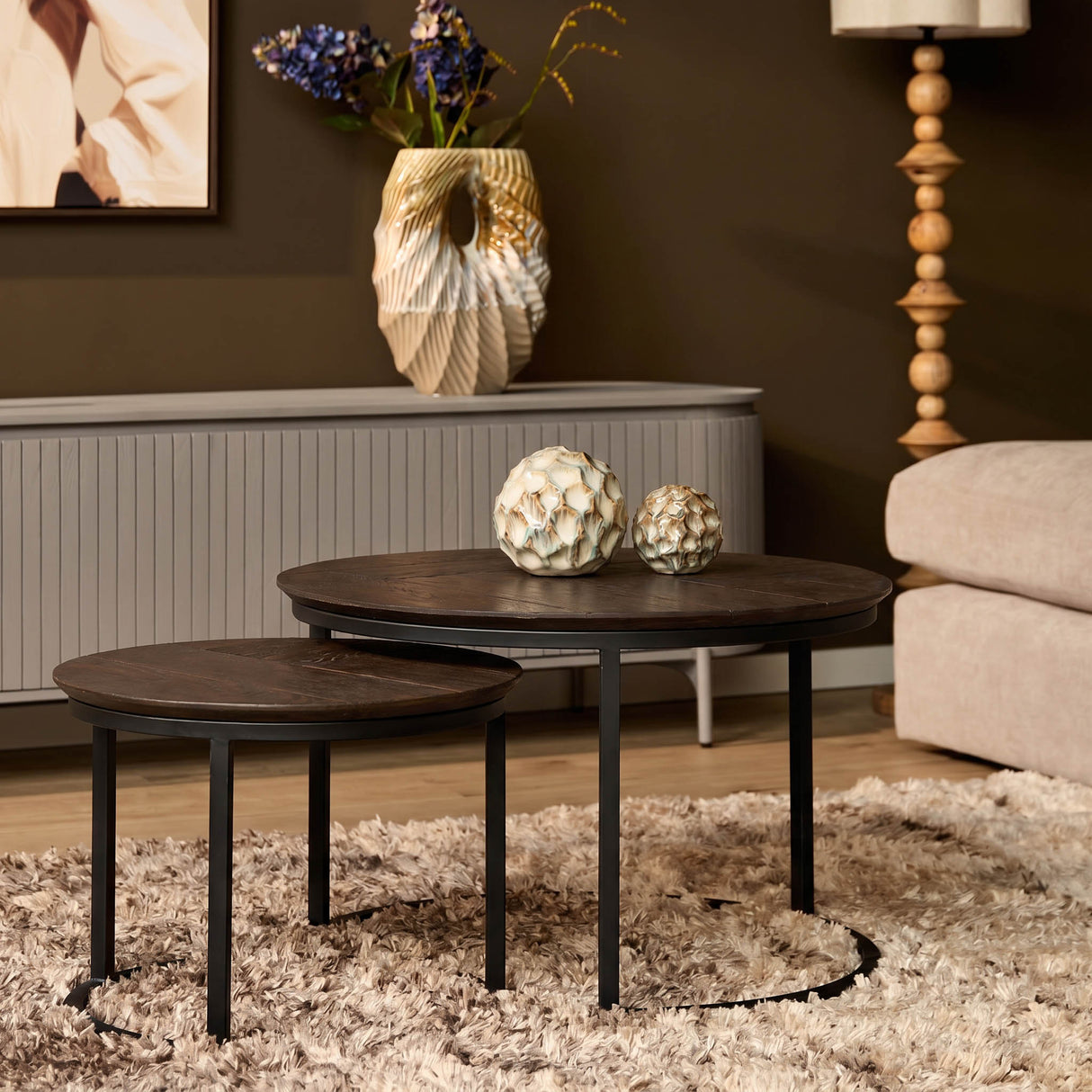 Couchtisch - Braune Eiche, Runde Form, Metallgestell, 2er-Set, 70 cm – Otik | Starfurn