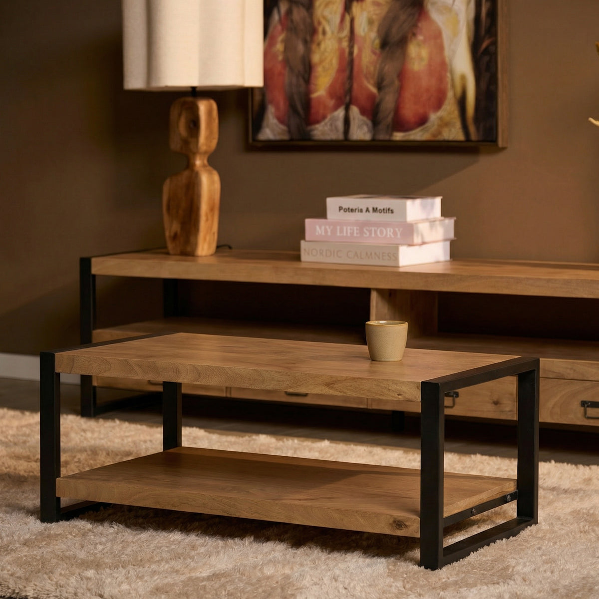 Coffee Table – Mango Wood, Undershelf, Metal Frame – Britt | Starfurn