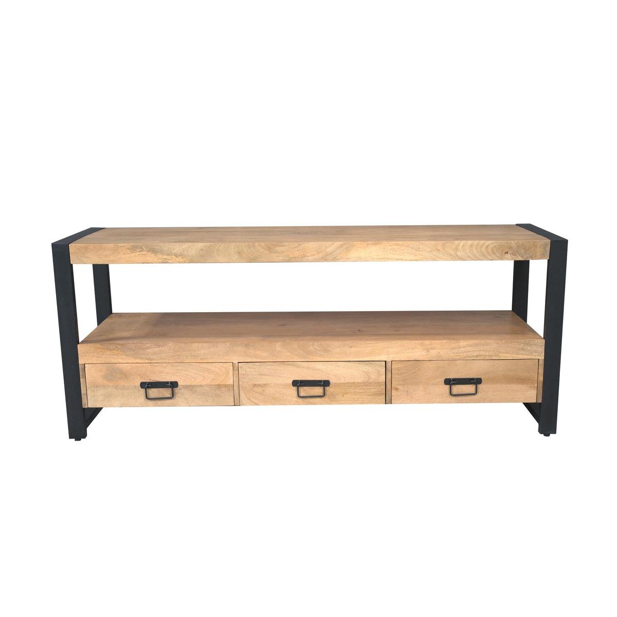 TV Unit – Solid Mango Wood, Black Metal Frame, Open Compartment – Britt | Starfurn