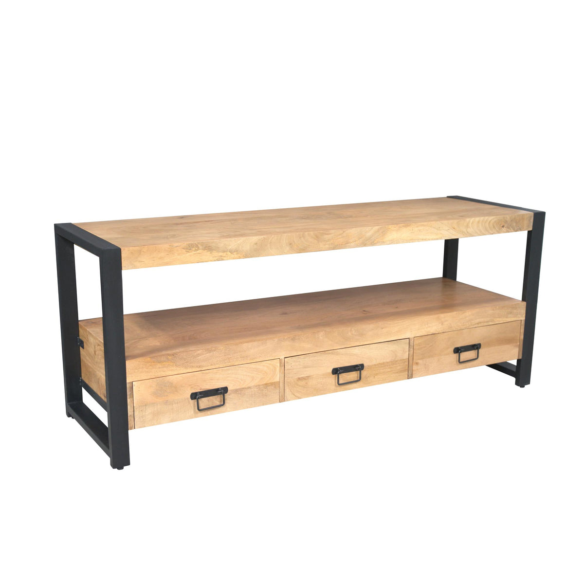 TV Unit – Solid Mango Wood, Black Metal Frame, Open Compartment – Britt | Starfurn