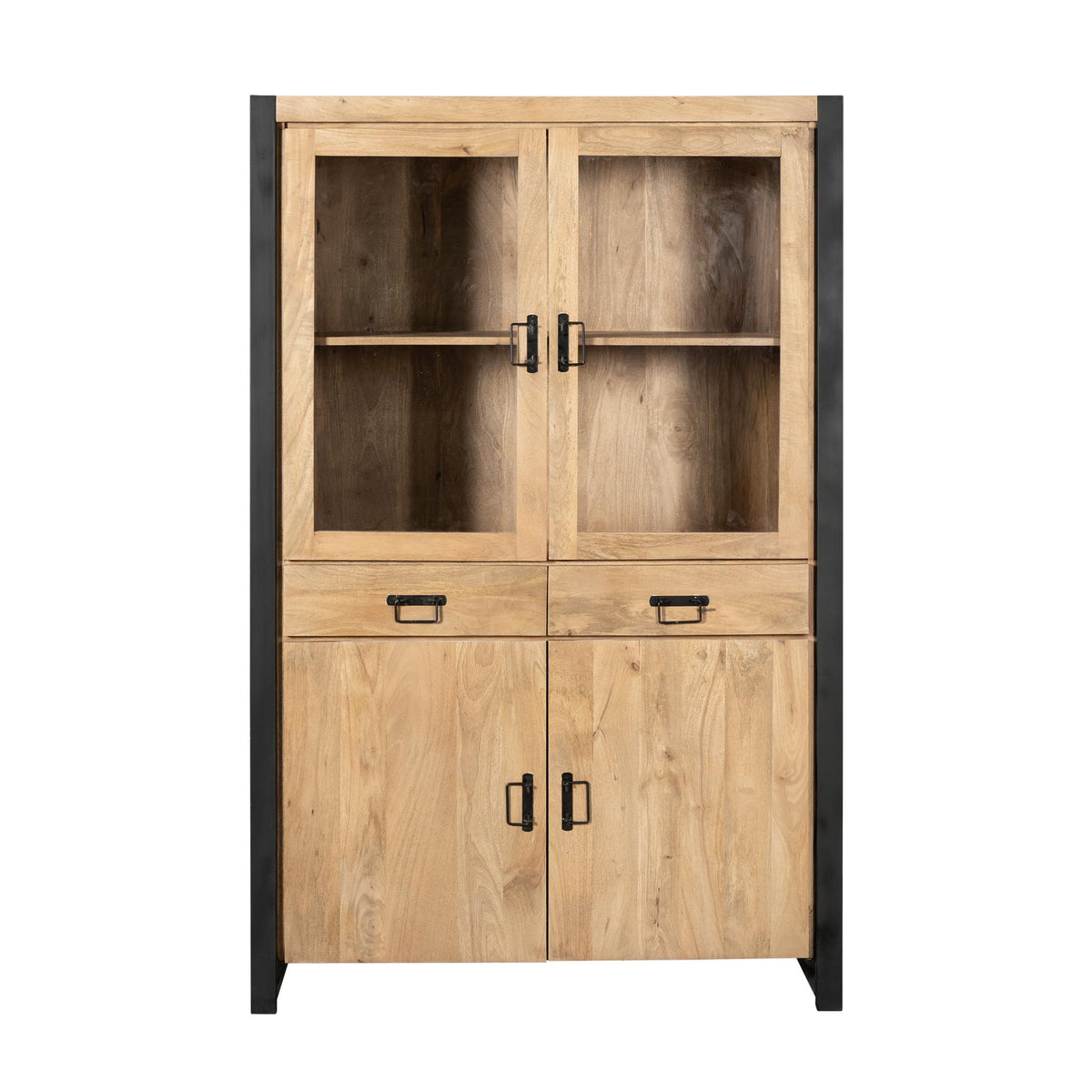 Display Cabinet – Light Mango Wood, Black Metal, Modern Wood Inlay – Britt | Starfurn