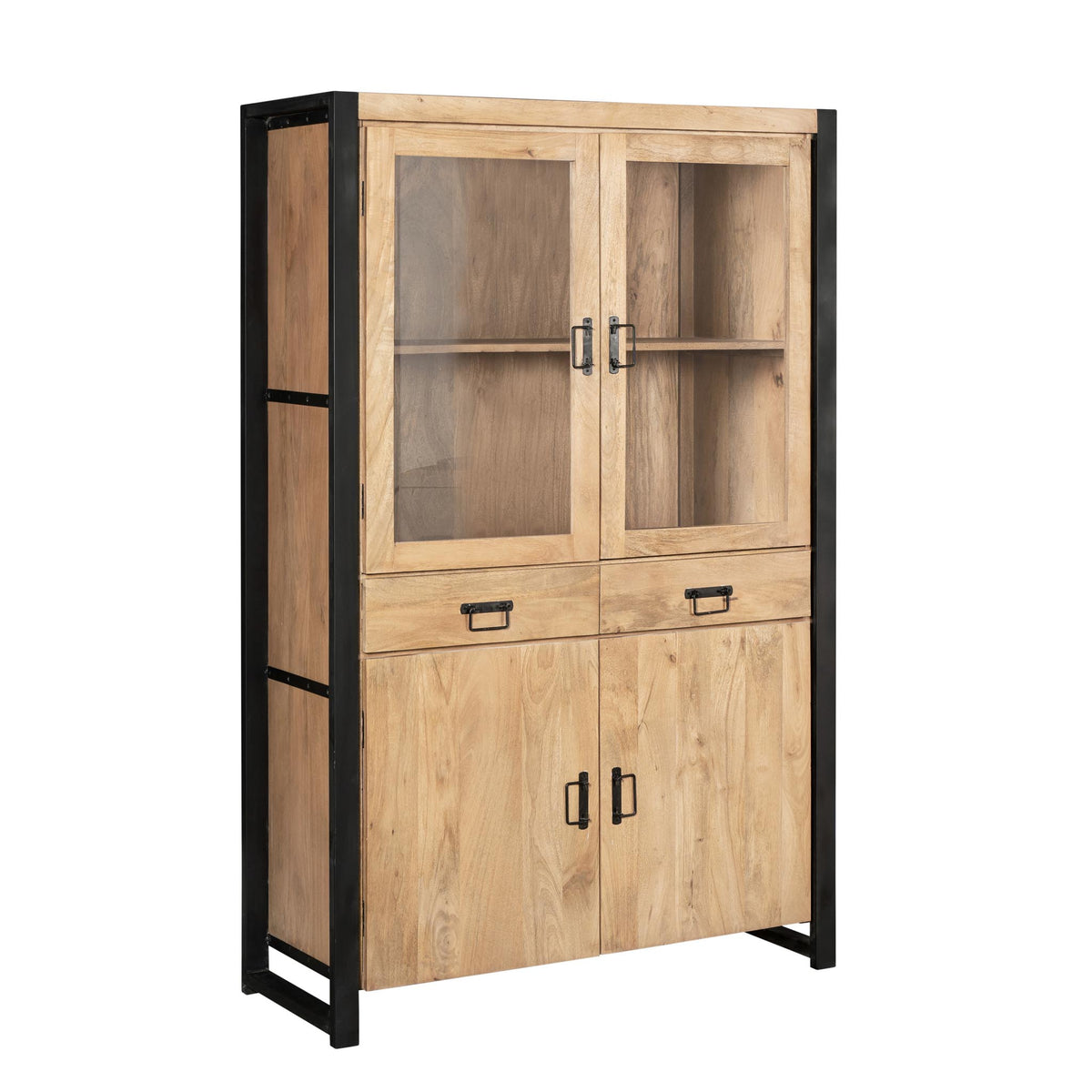 Display Cabinet – Light Mango Wood, Black Metal, Modern Wood Inlay – Britt | Starfurn