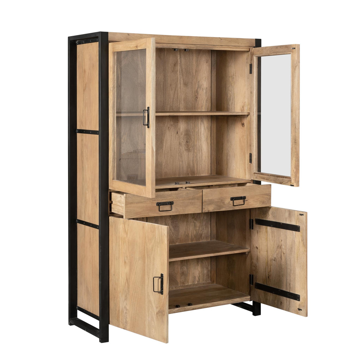 Display Cabinet – Light Mango Wood, Black Metal, Modern Wood Inlay – Britt | Starfurn