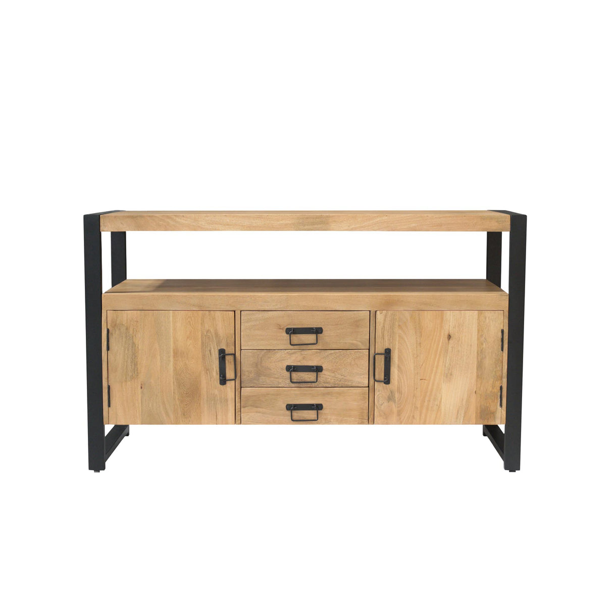 Sideboard – Mango Wood Material, Black Metal Frame, Striped Wood Design – Britt | Starfurn