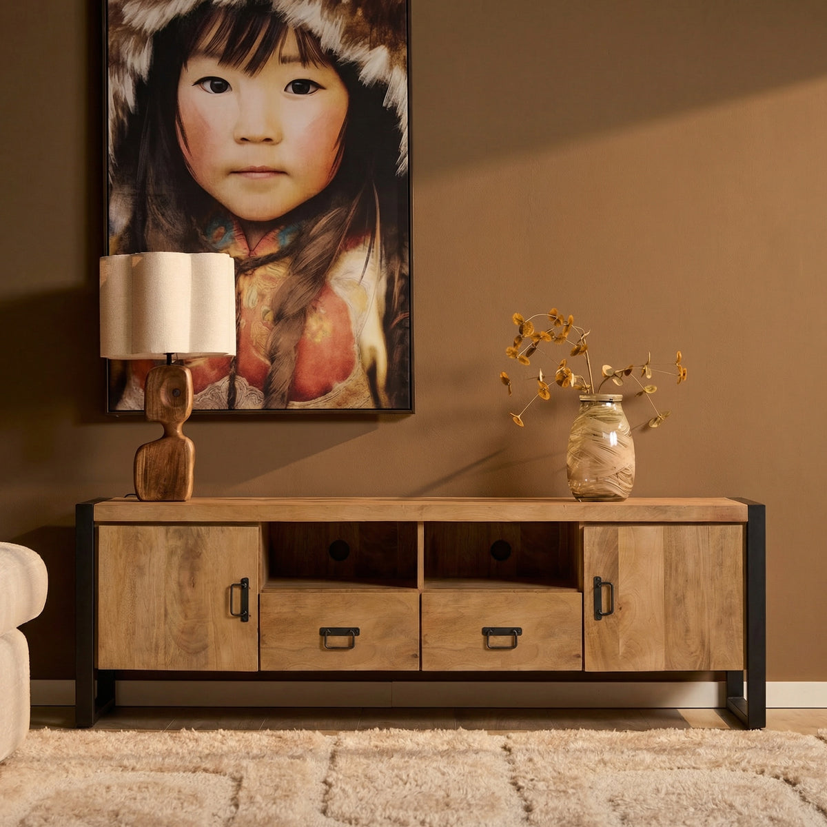 TV Unit – Mango Wood, Metal Frame, Doors and Drawers – Britt | Starfurn