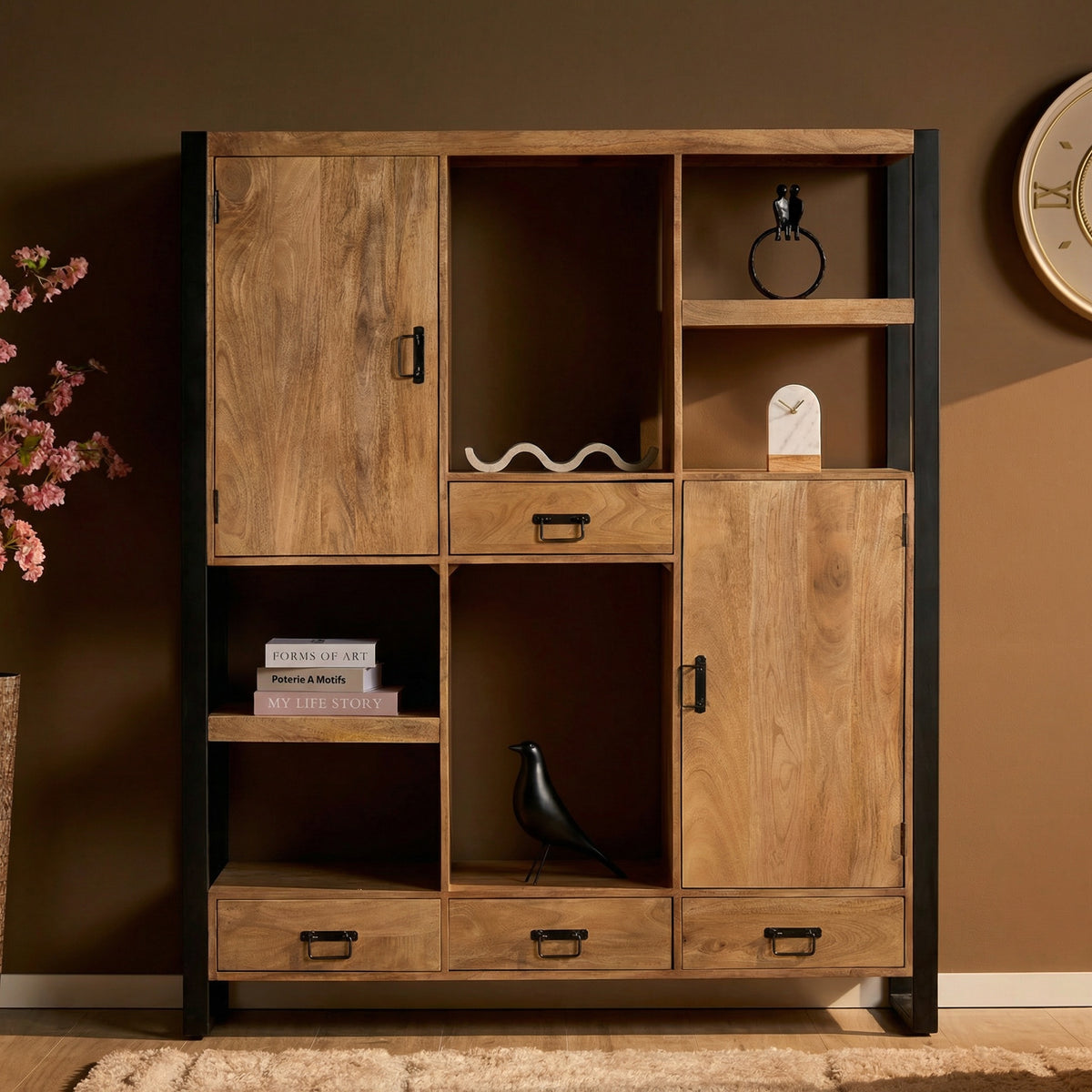 Shelf – Mango Wood Material, Black Metal Frame, Striped Wood Design – Britt | Starfurn