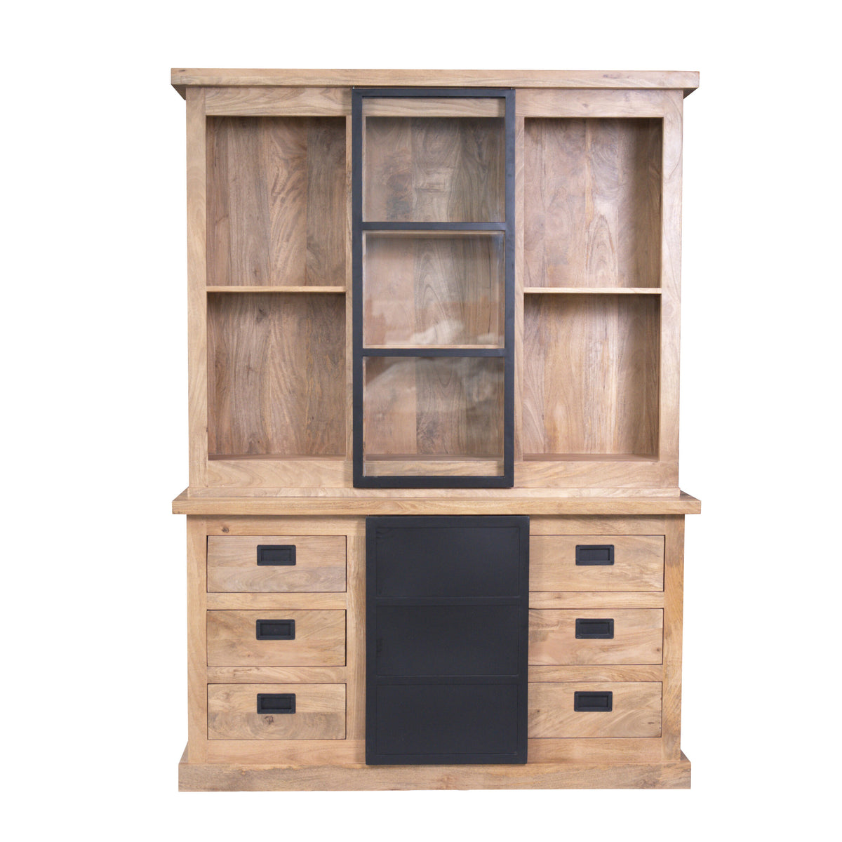 Display Cabinet - Mango Wood, Wood Strips, Metal Doors - Noa | Starfurn
