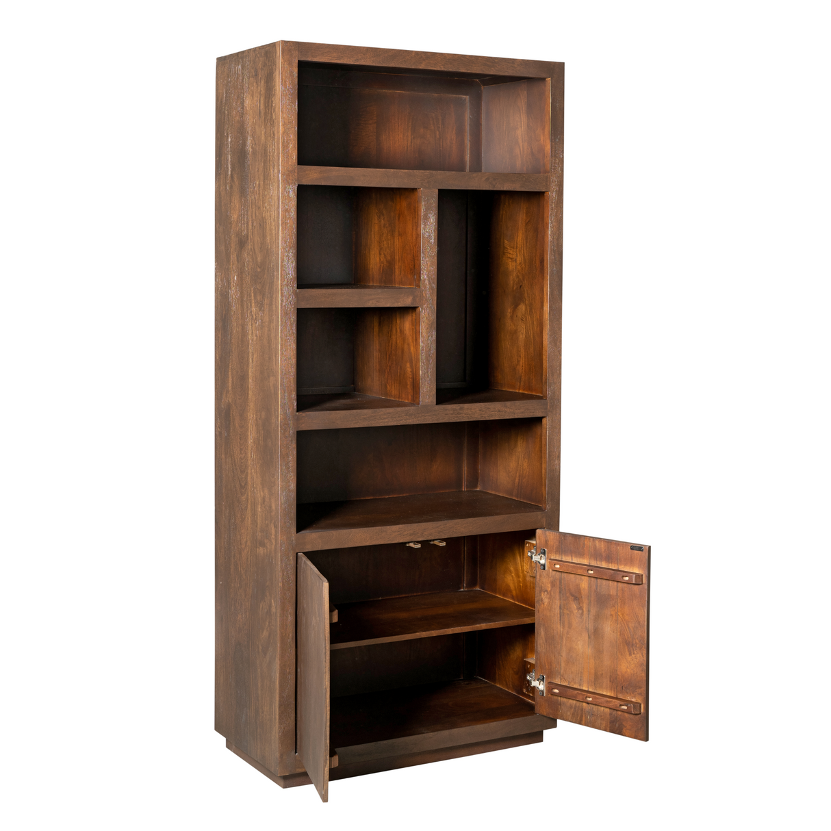 Bücherregal - Braunes Mangoholz, Offene Fächer, Grifflose Türen, 90 cm – Brussel | Starfurn