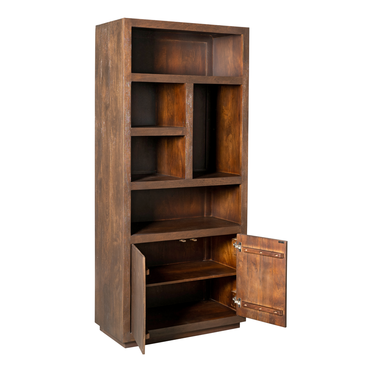 Bücherregal - Braunes Mangoholz, Offene Fächer, Grifflose Türen, 90 cm – Brussel | Starfurn
