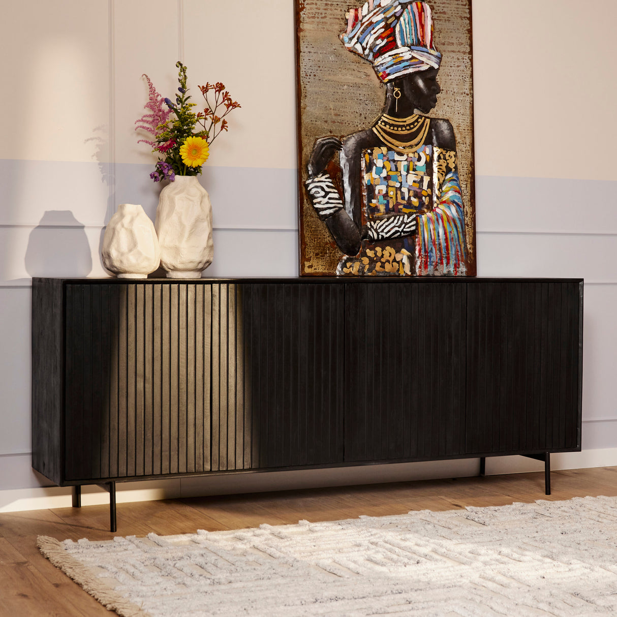 Sideboard – Mango Wood, Vertical Slatted Front, Metal Frame – Madison | Starfurn