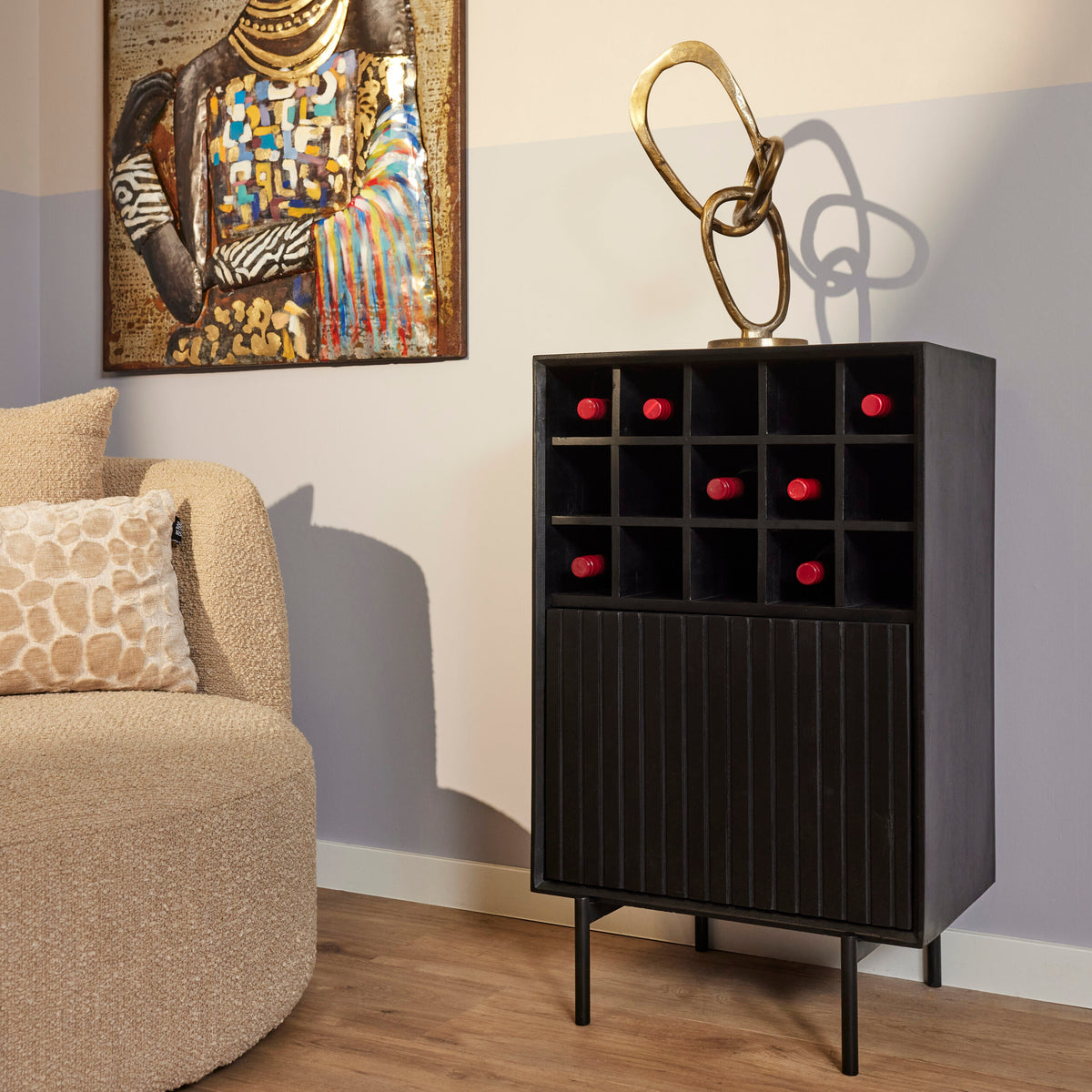 Wine Cabinet - Solid Mango Wood, Metal Frame, 15 Bottle Compartments, Drawer with Slat Pattern - Madison | Starfurn