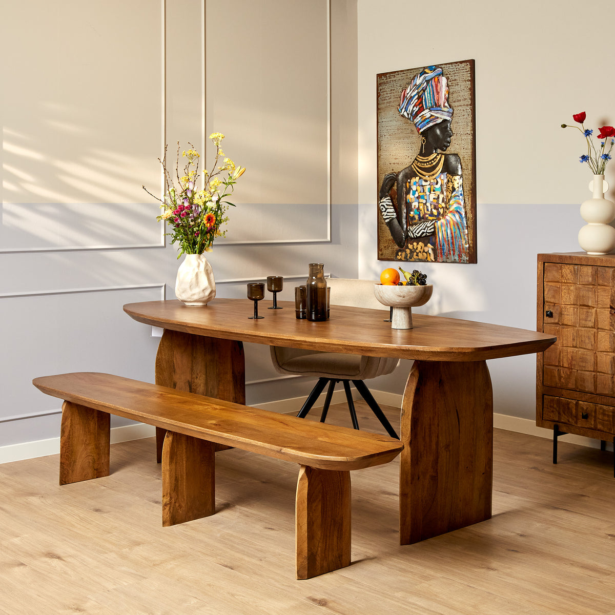 Dining bench – Solid mango wood, clean lines, natural wood – Tense | Starfurn