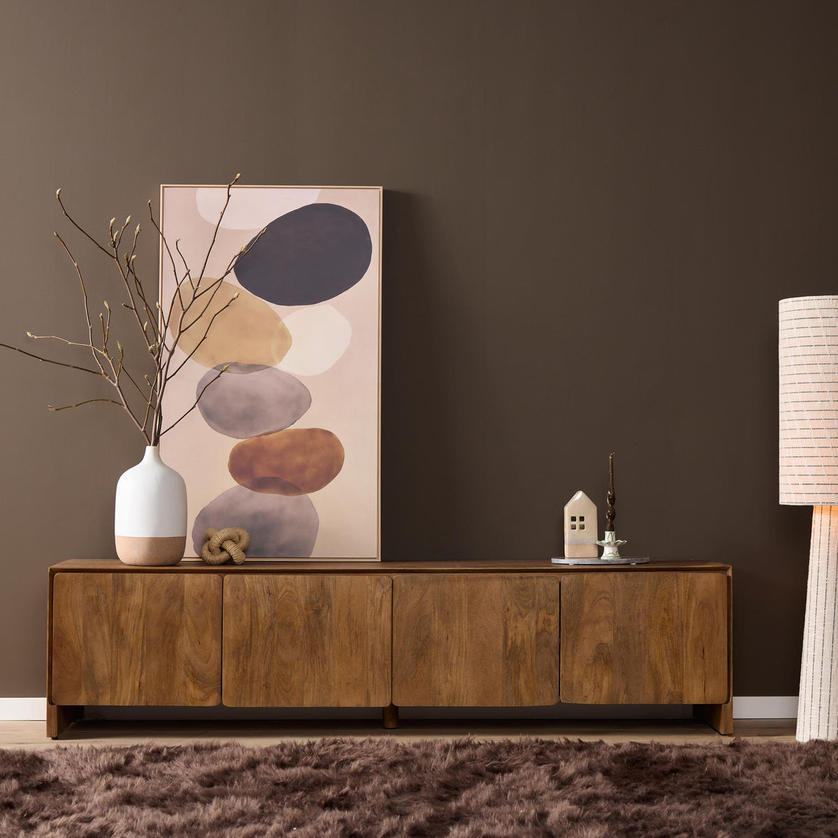 TV Cabinet – Mango Wood, Minimalist Design, Natural Warm Look, Storage with Cabinet Doors – Tense | Starfurn
