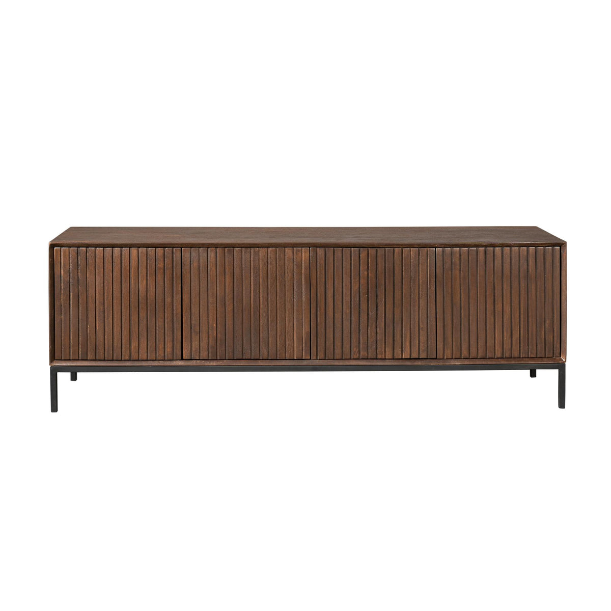 TV Unit – Mango Wood, Brown Finish, Vertical Slats, Push Open – Madison | Starfurn