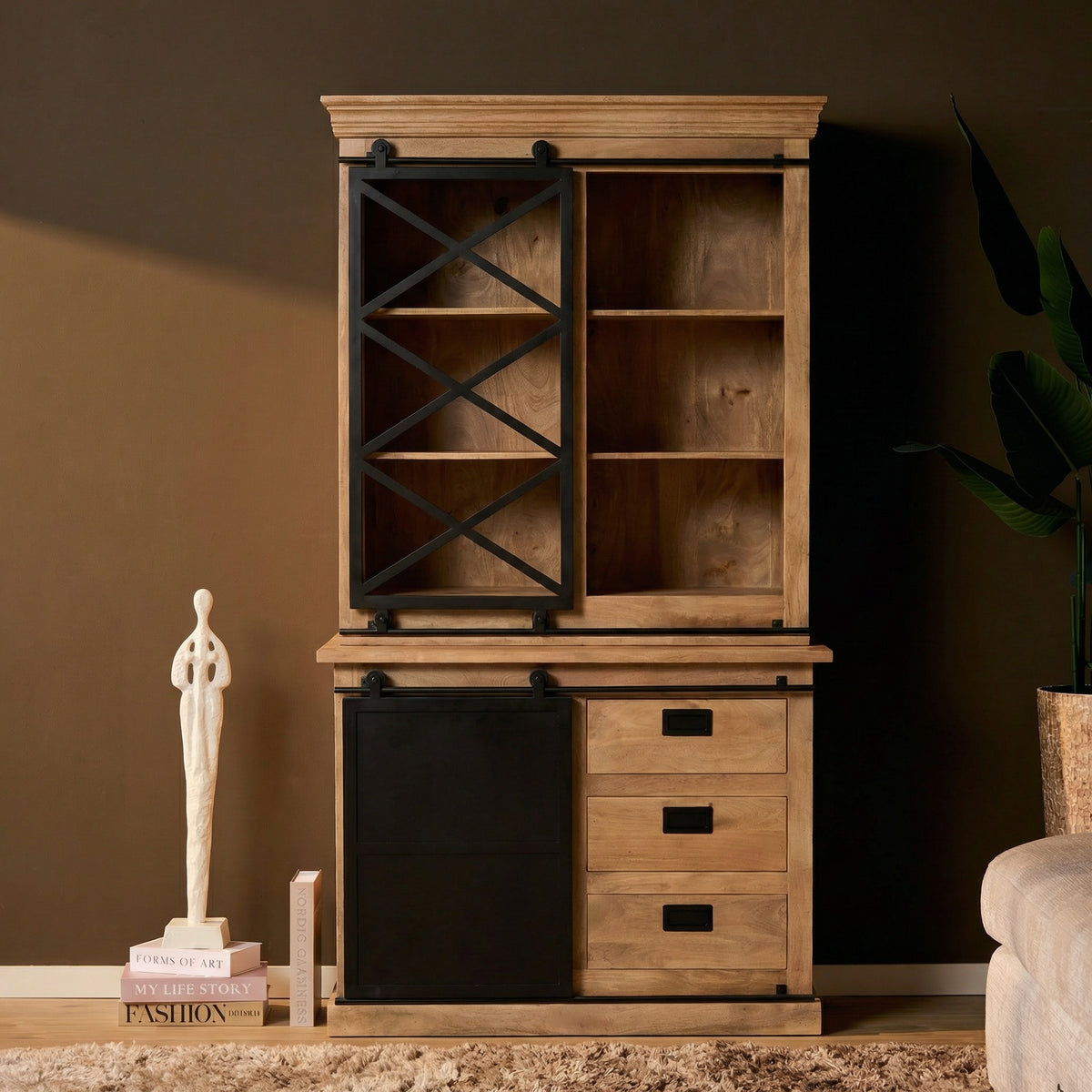 Display Cabinet – Mango Wood Body, Metal Accents, Natural Finish – Fresno | Starfurn