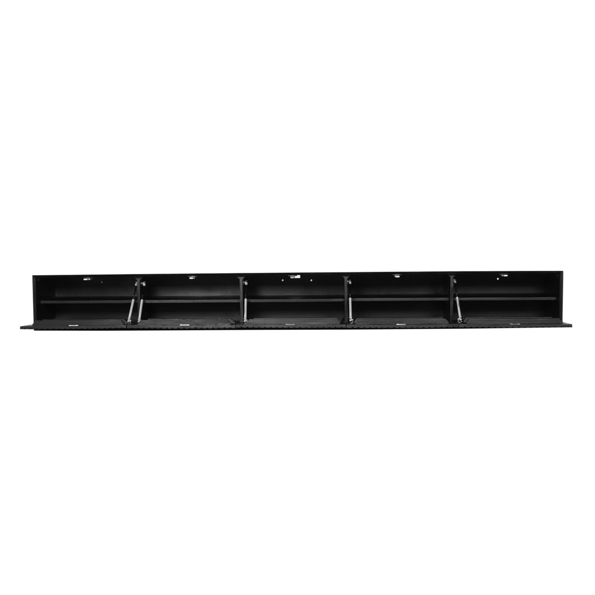 Schwebendes TV-Möbel - Schwarzes Mangoholz, Vertikale Lamellenfront, Grifflose Türen, 280 cm – Madison | Starfurn