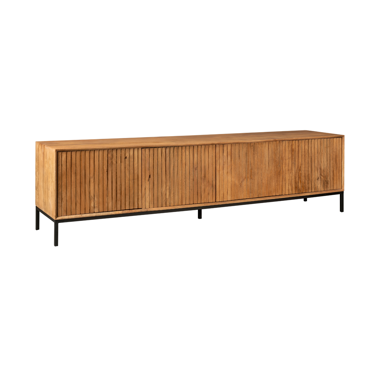 TV-Möbel - Naturfarbenes Mangoholz, Vertikale Lamellenfront, Grifflose Türen, 210 cm – Madison | Starfurn
