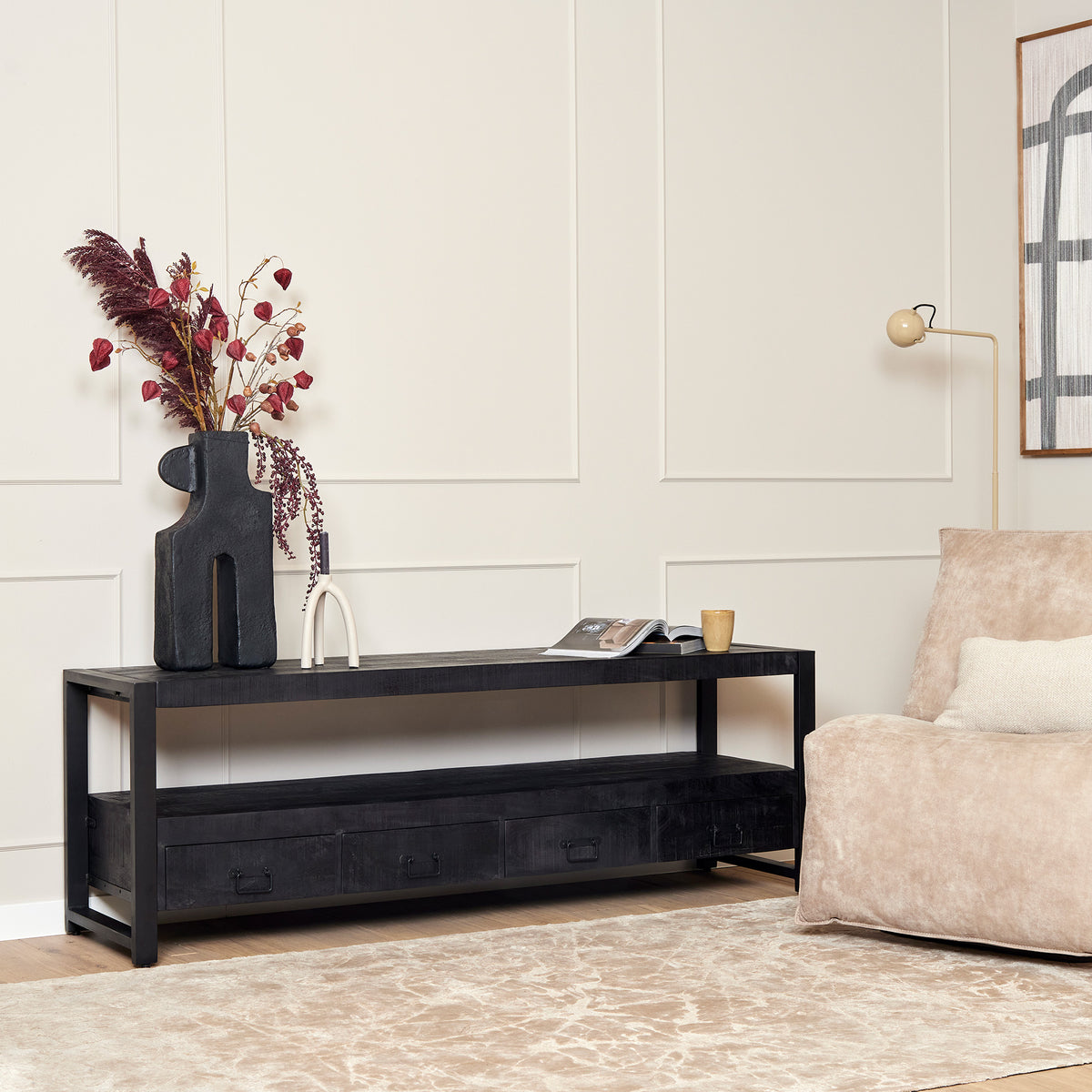 TV Unit – Mango Wood, 4 Drawers, Open Compartment, Wood Inlays – Boaz | Starfurn