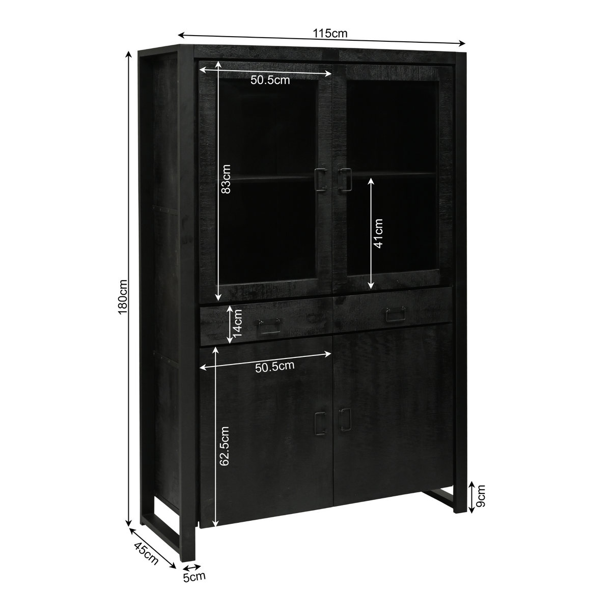 Display Cabinet – Black Mango Wood, Black Metal, Modern Wood Inlay – Boaz | Starfurn