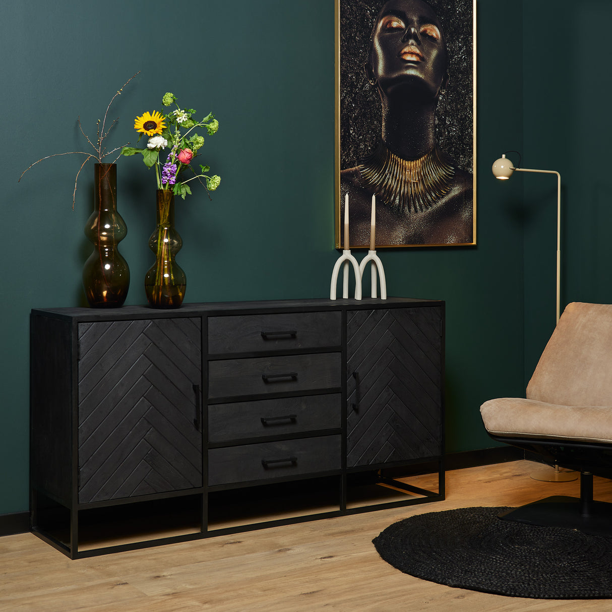 Sideboard - Mangoholz Schwarz, Fischgrätmuster, Vier Schubladen, 165 cm – New York | Starfurn