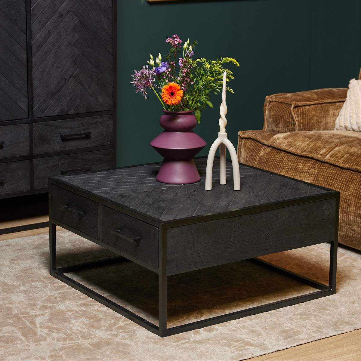 Coffee Table – Mango Wood Top in Herringbone Pattern, Four Drawers, Black Metal Handles – New York | Starfurn