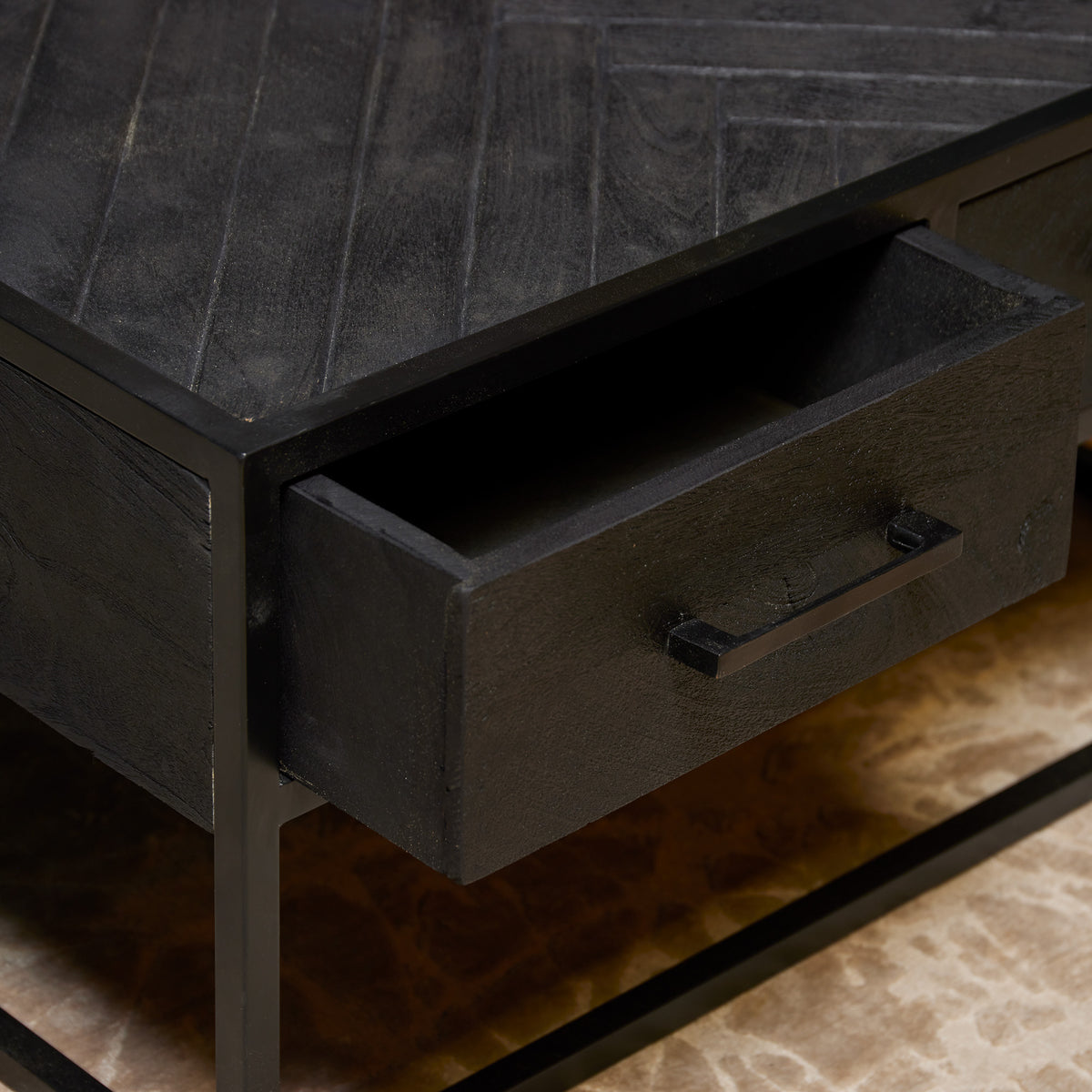 Coffee Table – Mango Wood Top in Herringbone Pattern, Four Drawers, Black Metal Handles – New York | Starfurn