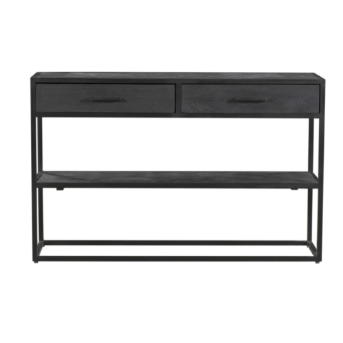 Beistelltisch - Mangoholz Schwarz, Zwei Schubladen, Metallgestell, 120 cm – New York | Starfurn